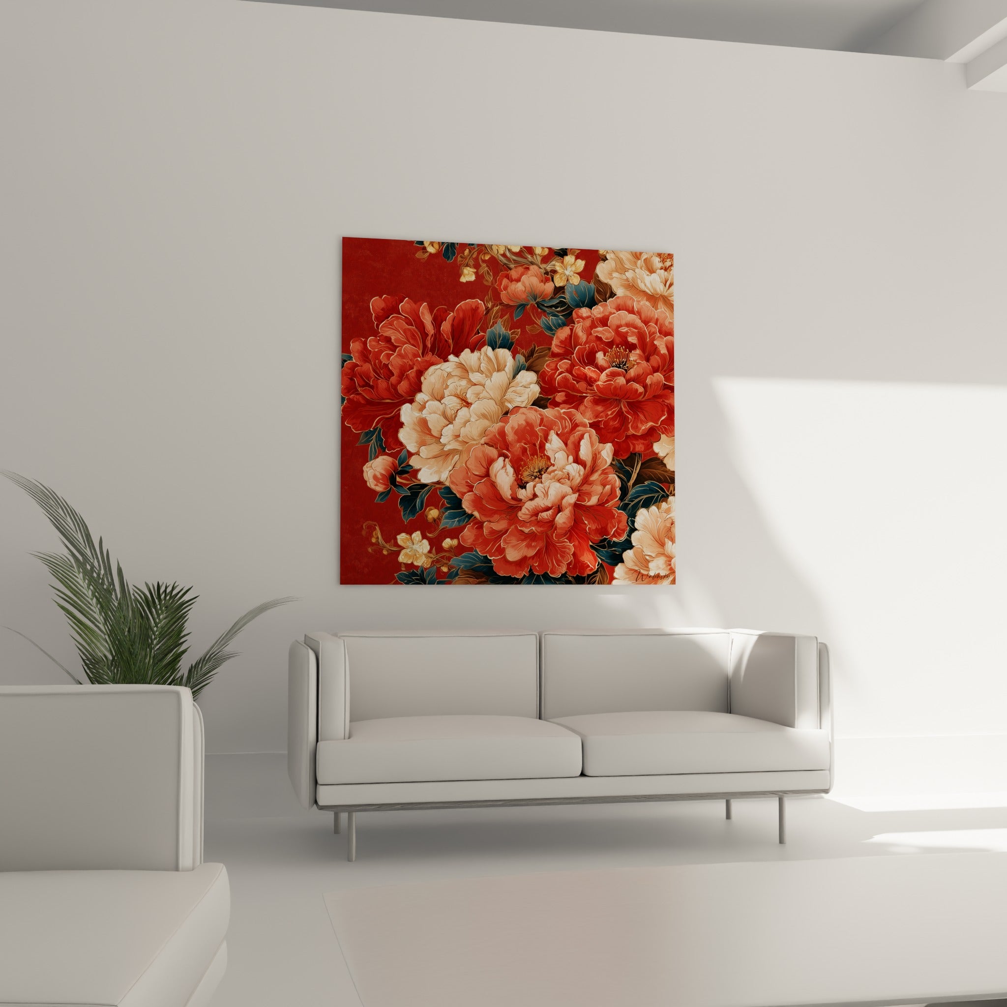 Fleurs de pivoine ivoire et corail au-dessus d'un canapé dans un salon lumineux