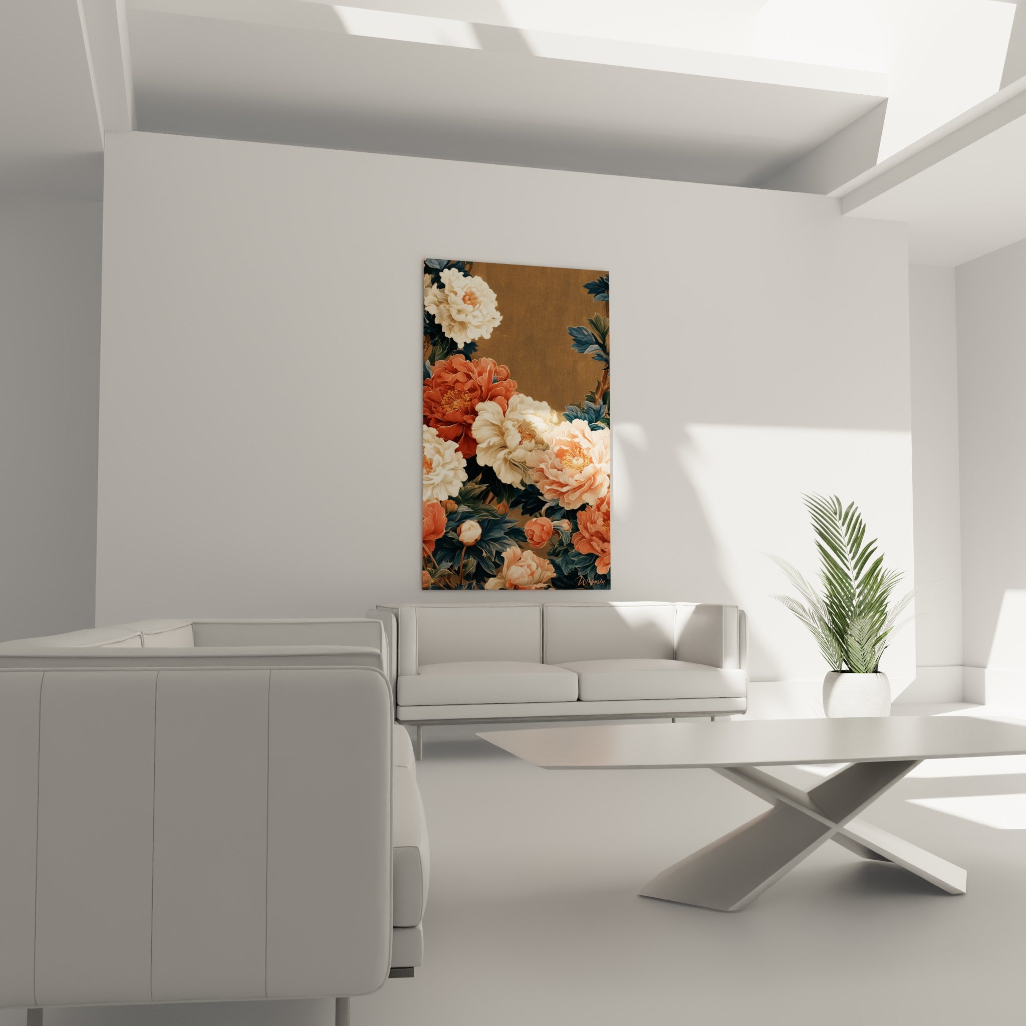 Pivoines corail et ivoire aux feuillages sombres au-dessus d'un canapé dans un salon lumineux