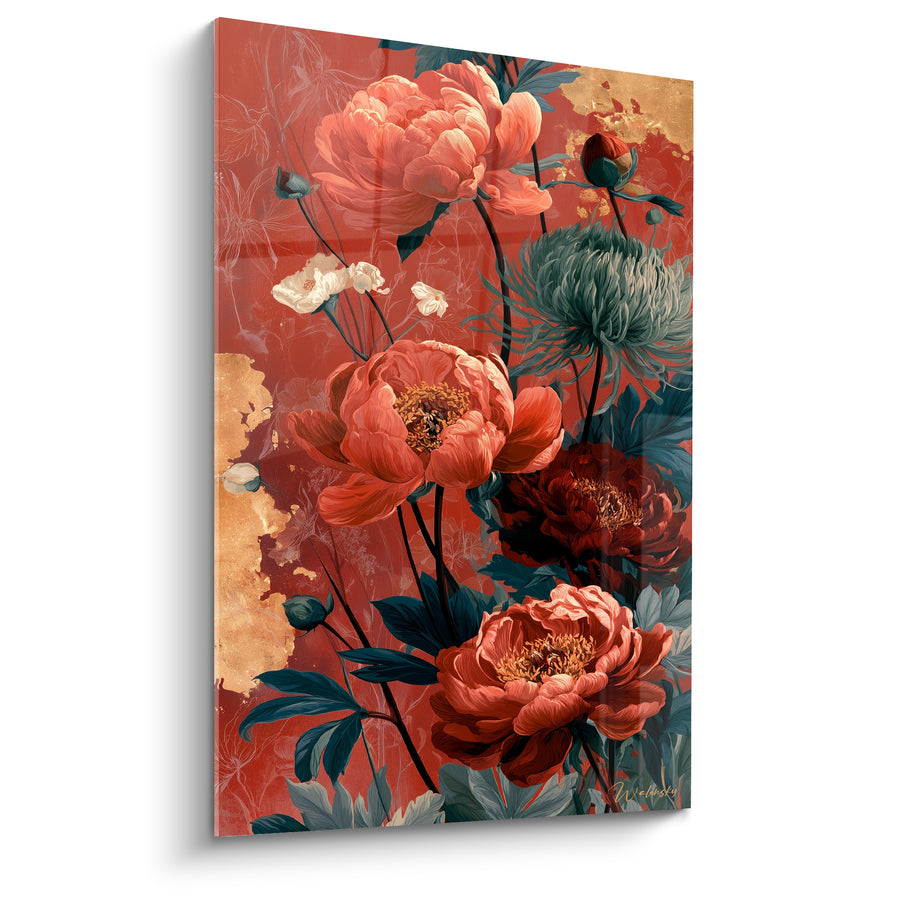 Tableau Pivoines corail et bleu marine aux fleurs blanches légères - Éclats de plaques ambrées - Edition Pivoine