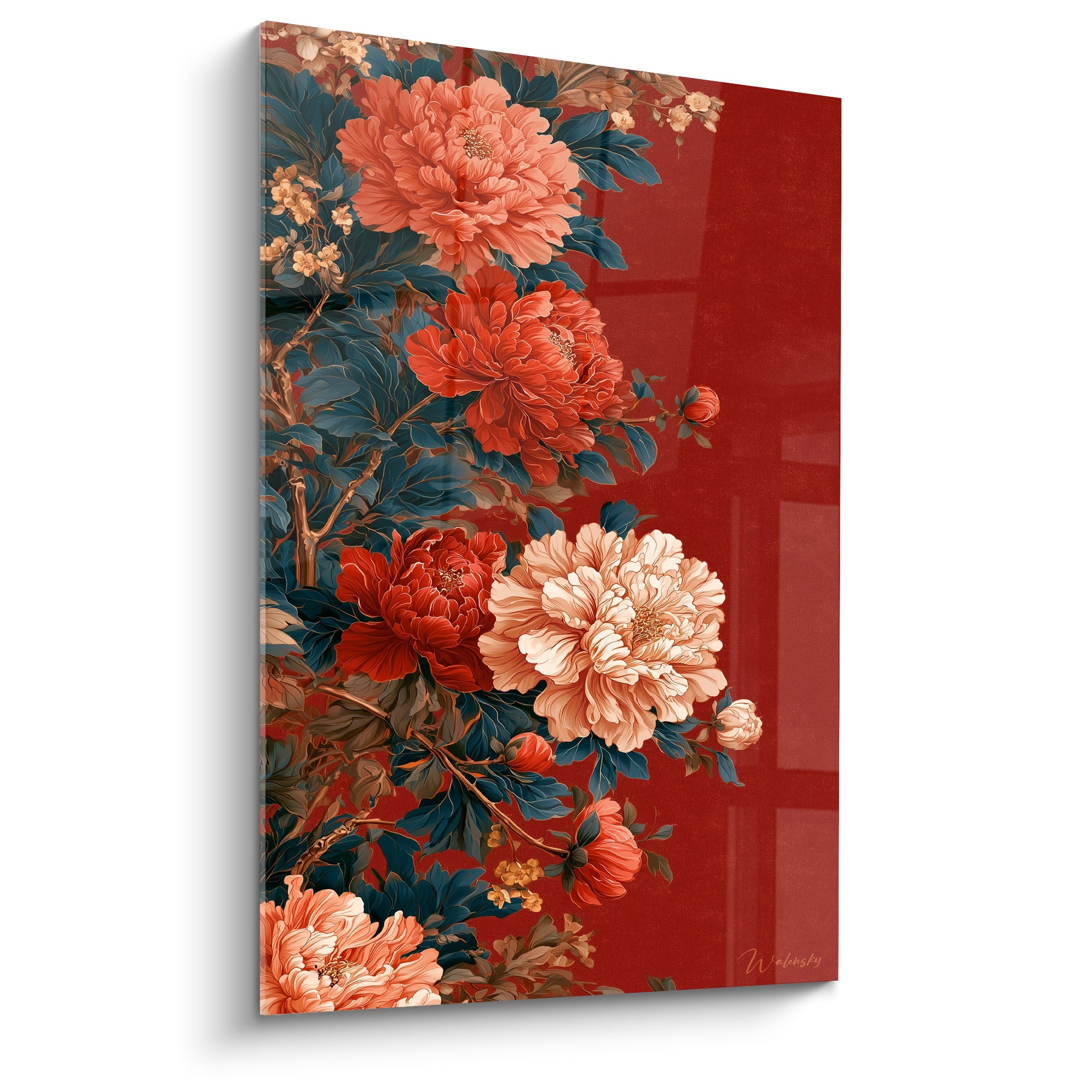 Pivoines rouge corail et ivoire déployées sur fond bordeaux, style estampe florale raffinée