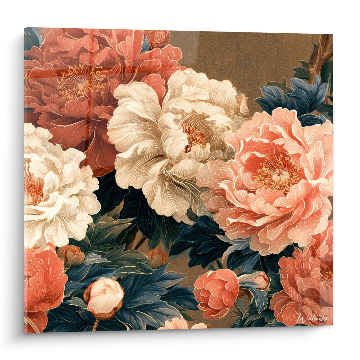 Pivoines corail et ivoire aux étamines dorées, feuillage bleu marine sur fond doré texturé
