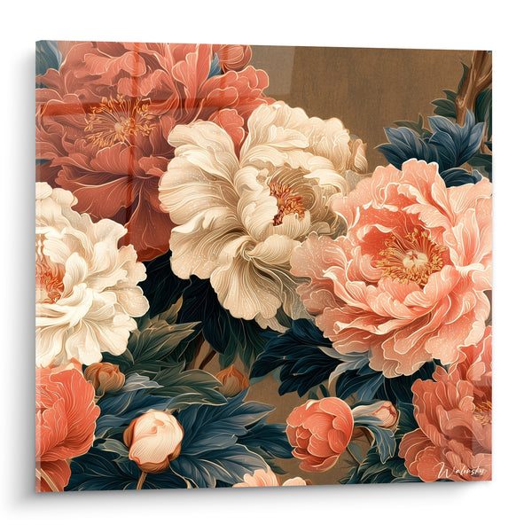 Tableau Pivoines corail et ivoire sur fond bronze - Boutons serrés en grappe - Edition Pivoine