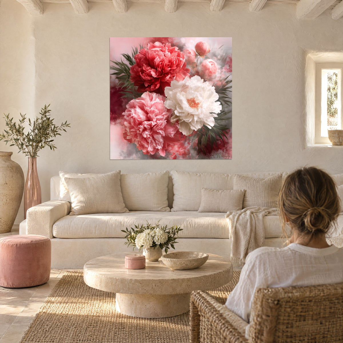 Cuadro ramo de peonías coral y blancas, pétalos arrugados sobre fondo rosa polvoriento, encima de un sofá en un salón luminoso