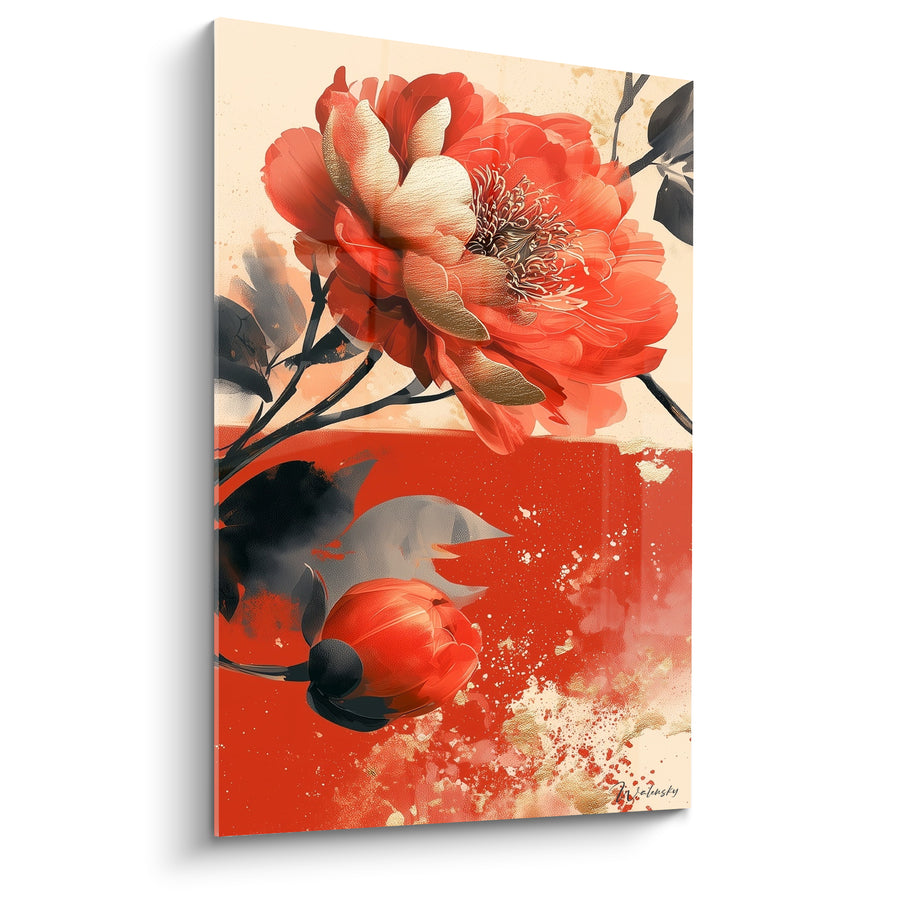 Tableau Pivoine corail et ivoire aux éclaboussures dorées - Bouton fermé fond rouge - Edition Pivoine