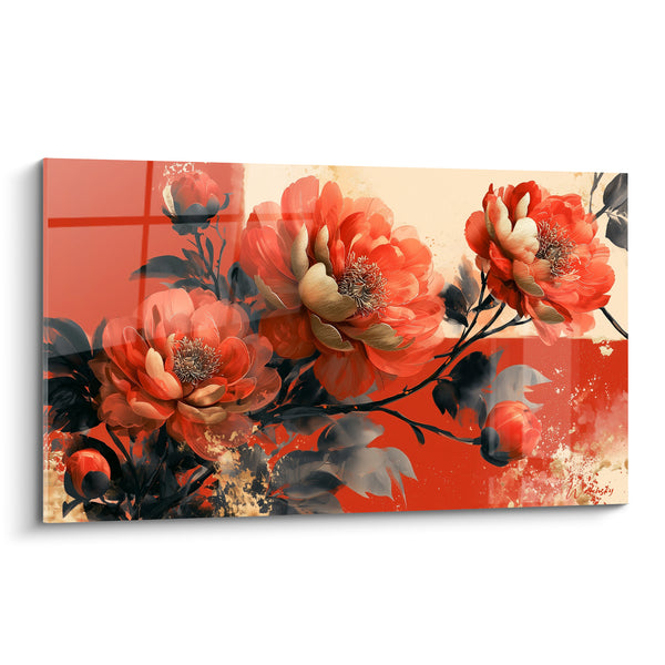 Tableau Pivoines corail sur fond rouge éclaboussé - Éclosion orientale - Edition Pivoine