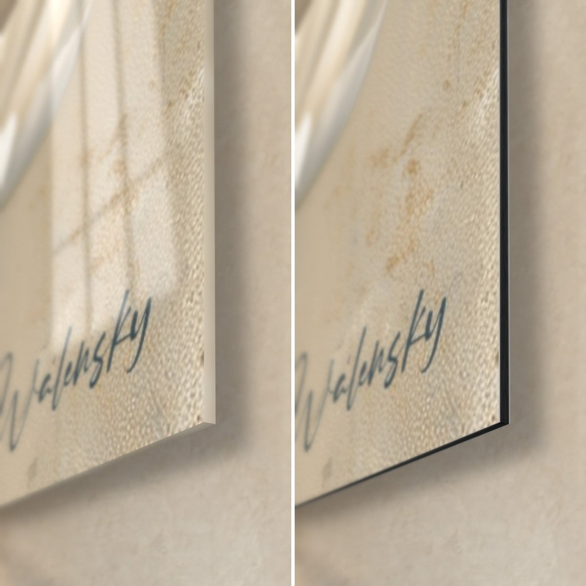 Wall art of an ivory peony, bottom right corner: navy Walensky signature on gilded beige background, glossy glass and matte black Dibond