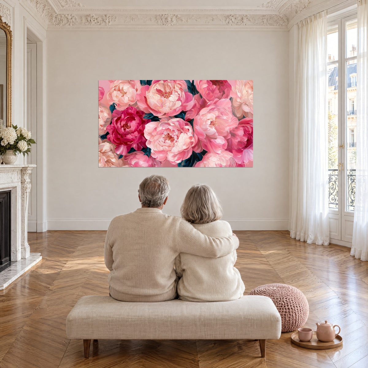 Wall art candy pink and peach peonies with duck blue leaves, seen from a bench in a large living room with herringbone parquet