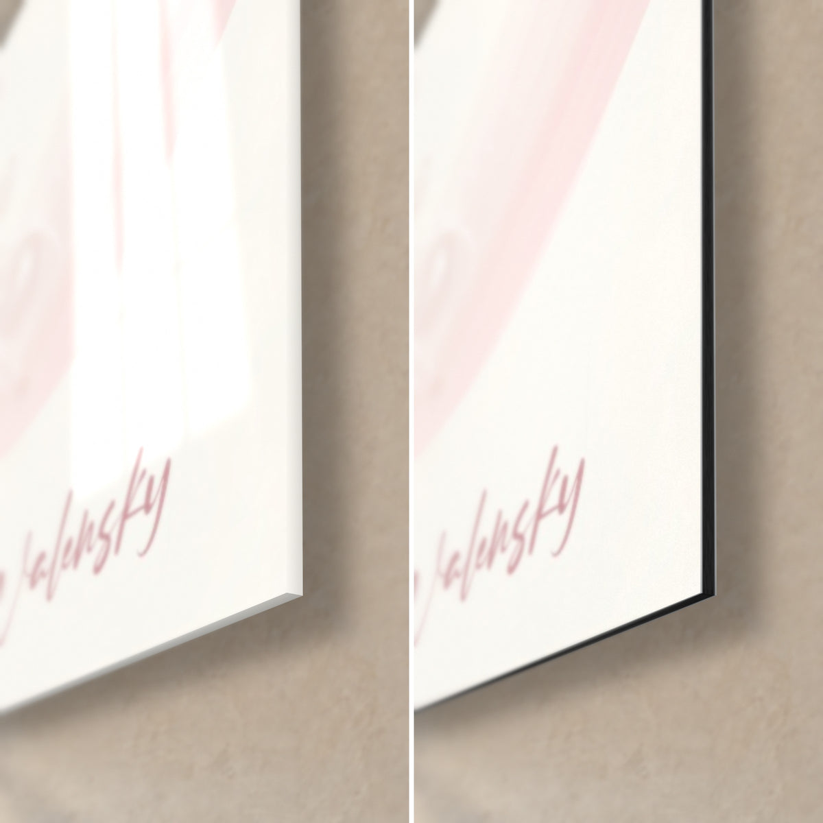 Πίνακας μπουκέτο παιωνιών ροζ και λευκό, κάτω δεξιά γωνία με υπογραφή Walensky, γυαλιστερό ακρυλικό γυαλί αριστερά, ματ Dibond δεξιά