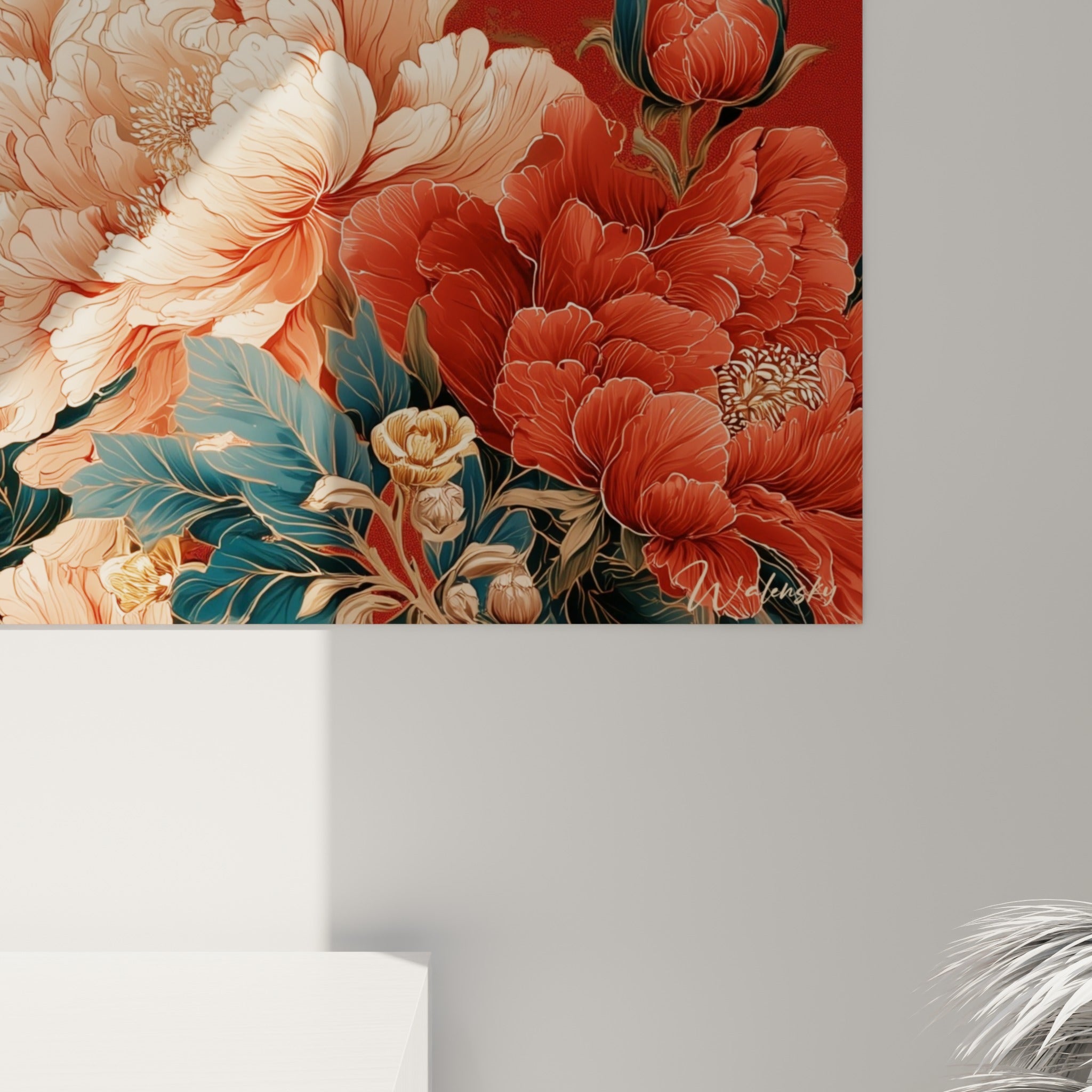 Détail des pétales veinés ivoire et rouge, textures fines et coulures dorées de la toile Pivoine