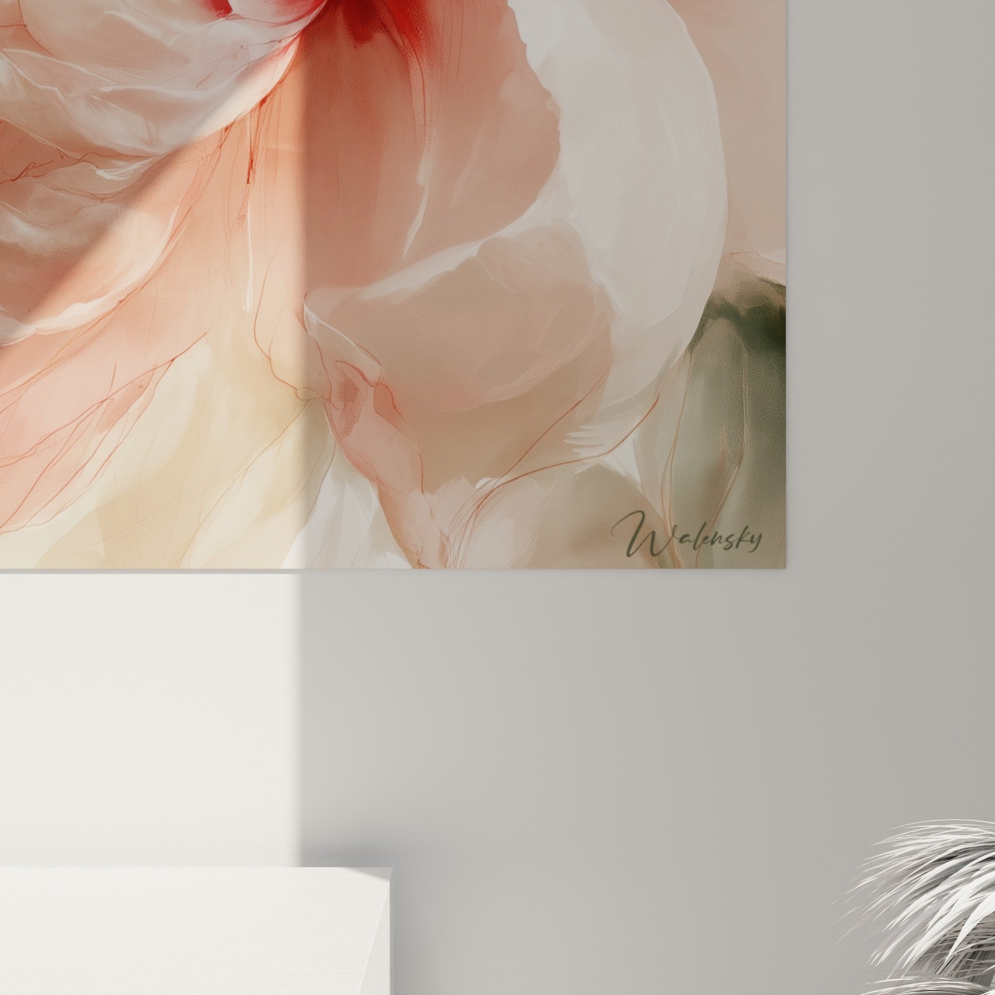 Empâtements et traits fins rouges sur pétales rose et blanc, matière de l'impression visible de près.