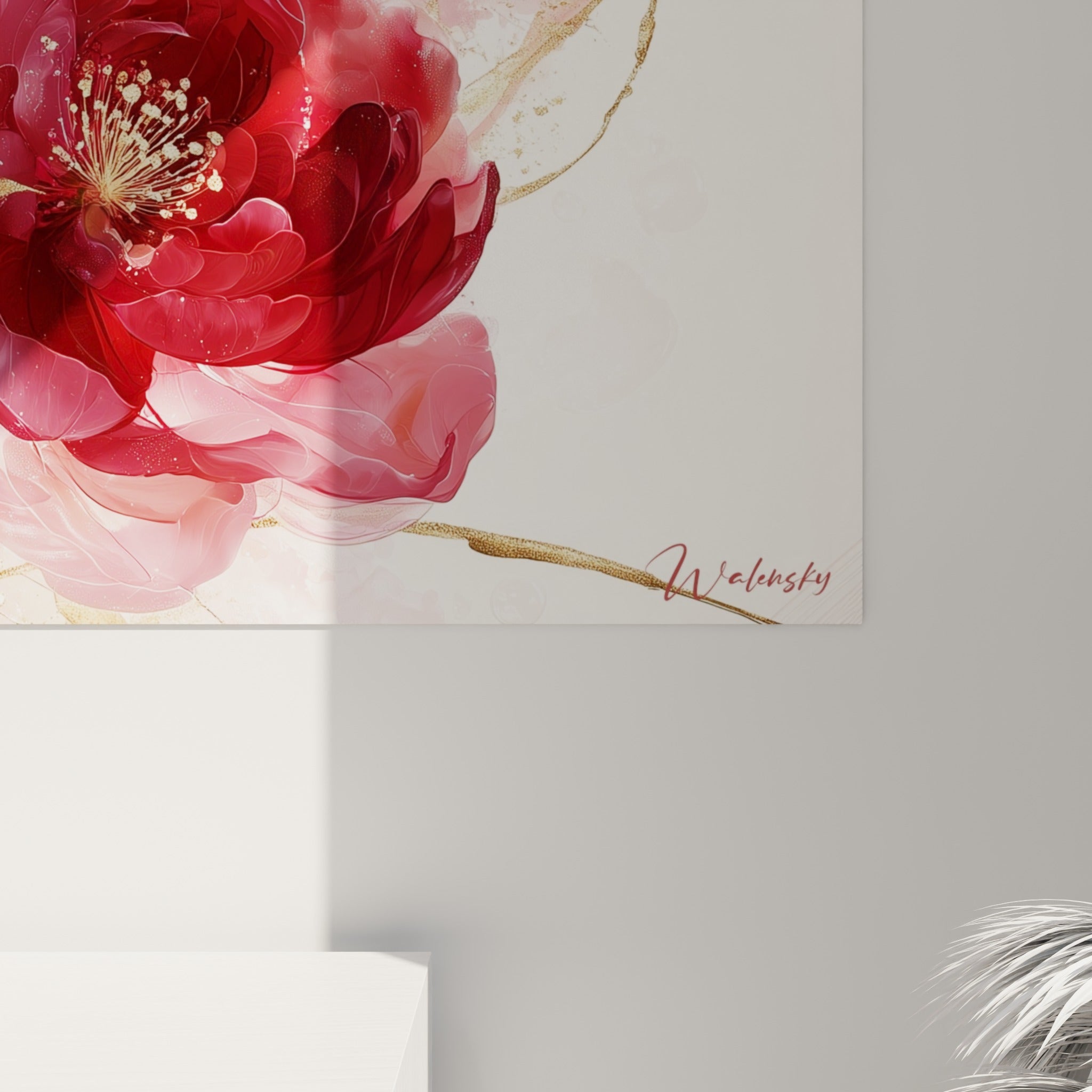 Détail des pétales veloutés bordeaux et des touches dorées vaporeuses de cette peinture florale