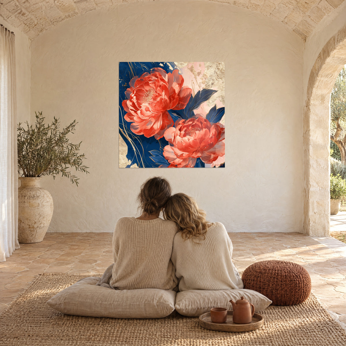 Tableau pivoines à demi transparentes, rouge vermillon et rose pâle sur bleu profond, face à un couple enlacé de dos au mas