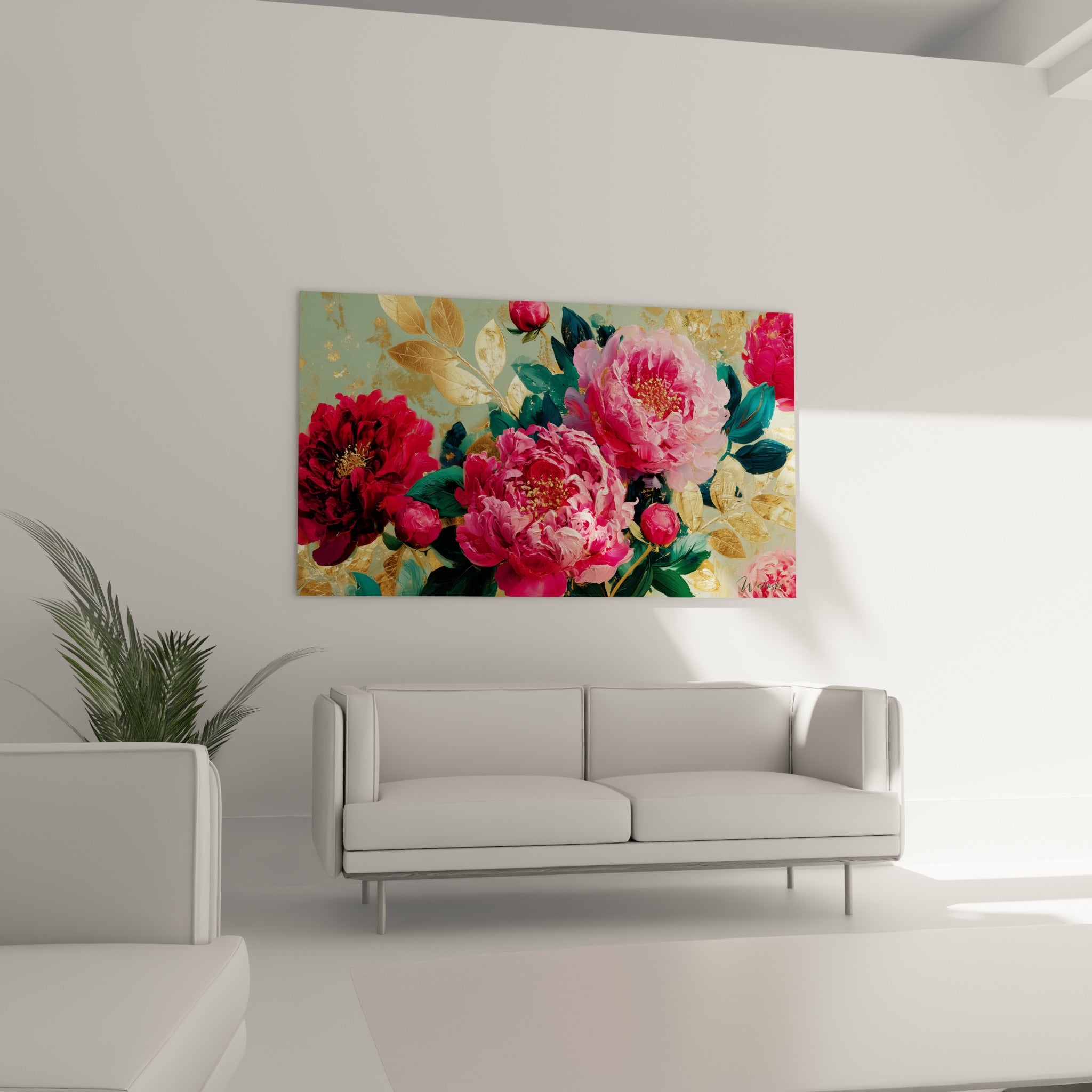 Fleurs de pivoine rose et magenta entourées de feuilles dorées, au-dessus d'un canapé dans un salon lumineux
