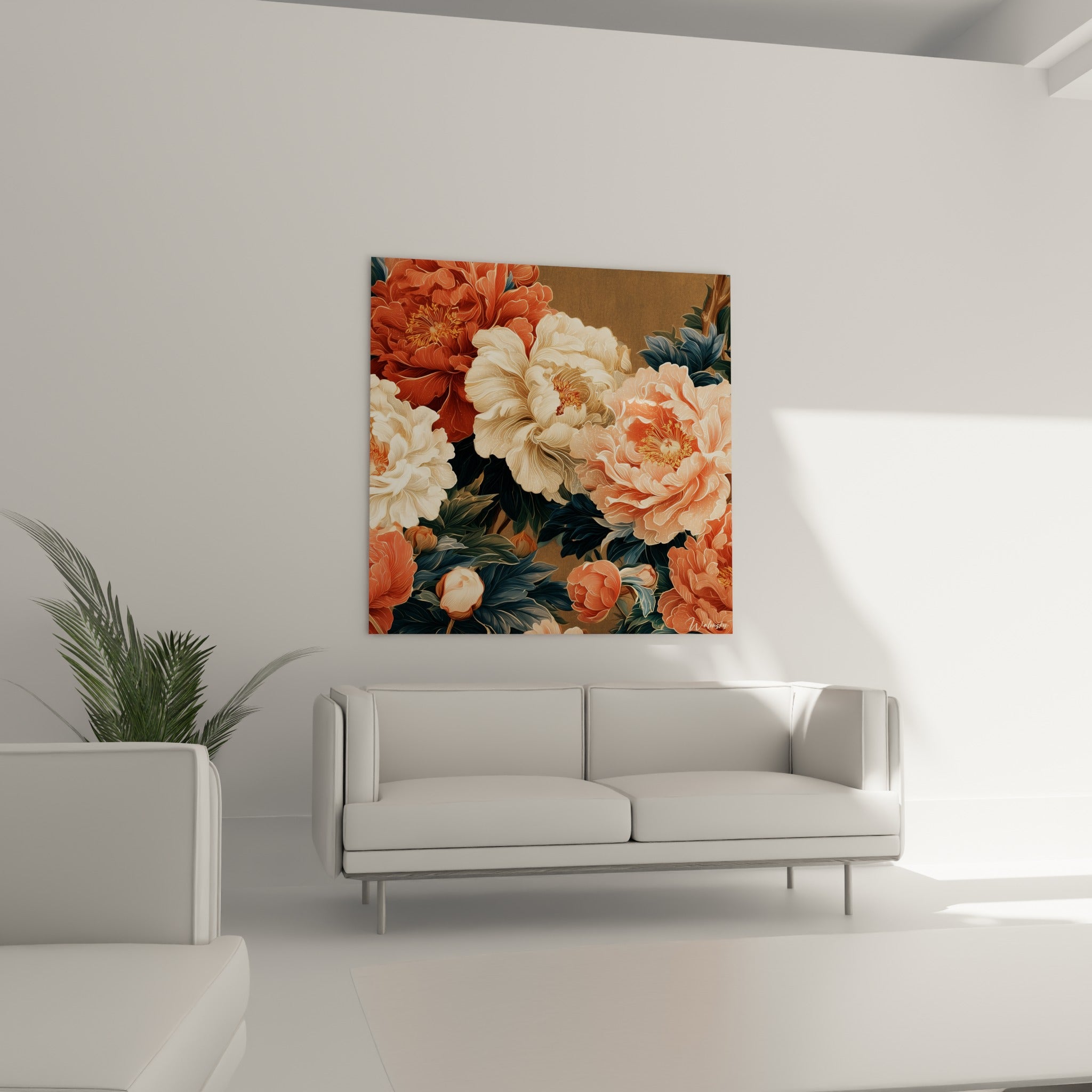 Fleurs de pivoine corail et bleu marine finement dessinées, au-dessus d'un canapé dans un salon lumineux
