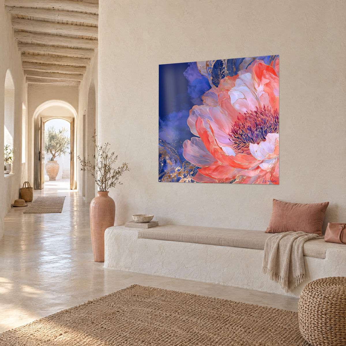 Wall art large salmon-pink and mauve bloom, purple stamens, indigo clouds, three-quarter view in a white vaulted hallway