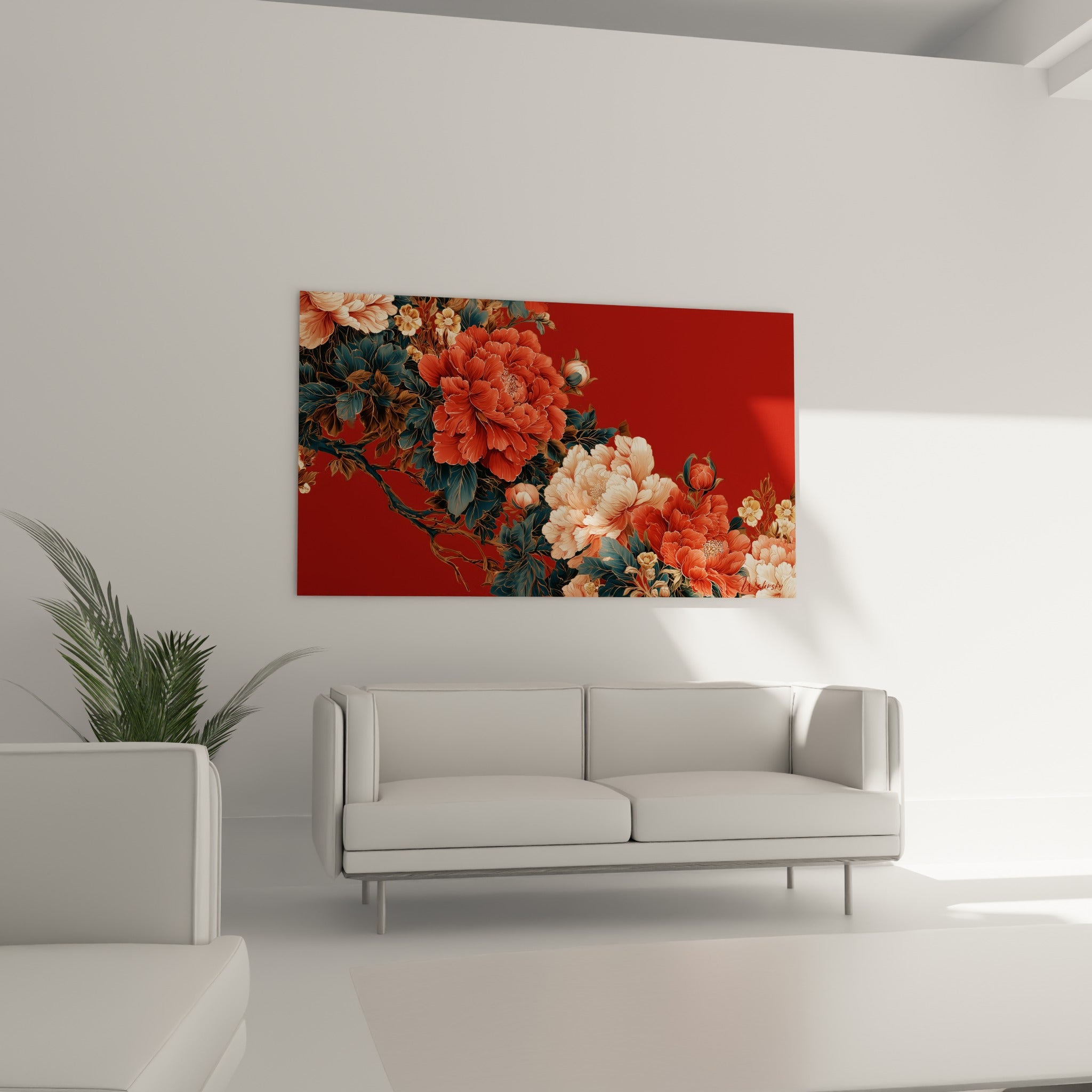 Fleurs de pivoine rouge et crème au-dessus d'un canapé dans un salon lumineux