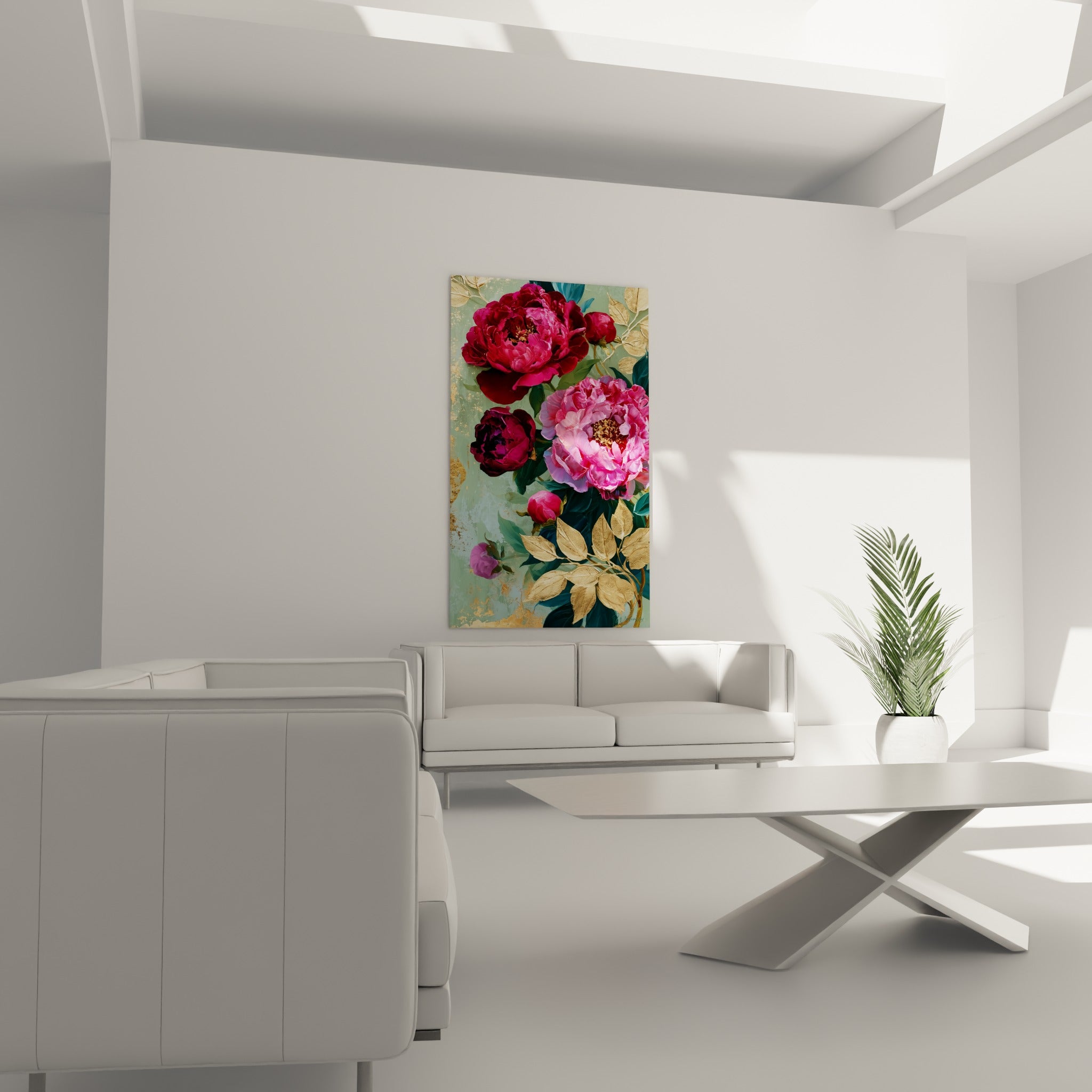Fleurs de pivoine pourpre et rose entourées d'or, au-dessus d'un canapé dans un salon lumineux