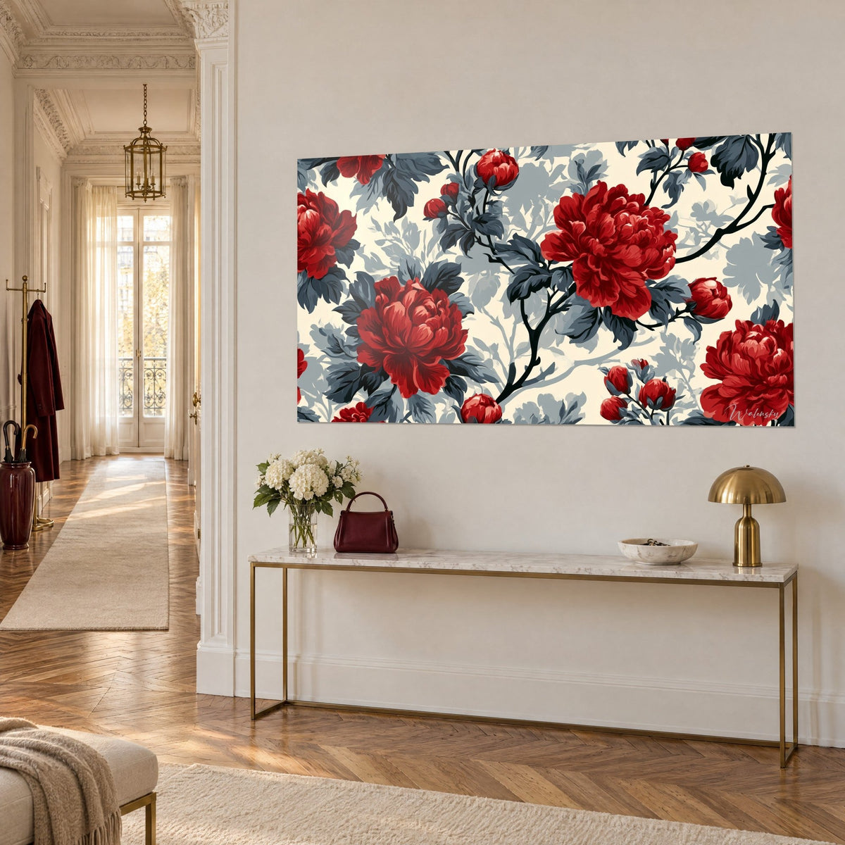 Schilderij boeket grote karmijnrode bloemen, kronkelige zwarte stelen en grijze schaduwen, op een vergulde console in driekwartaanzicht