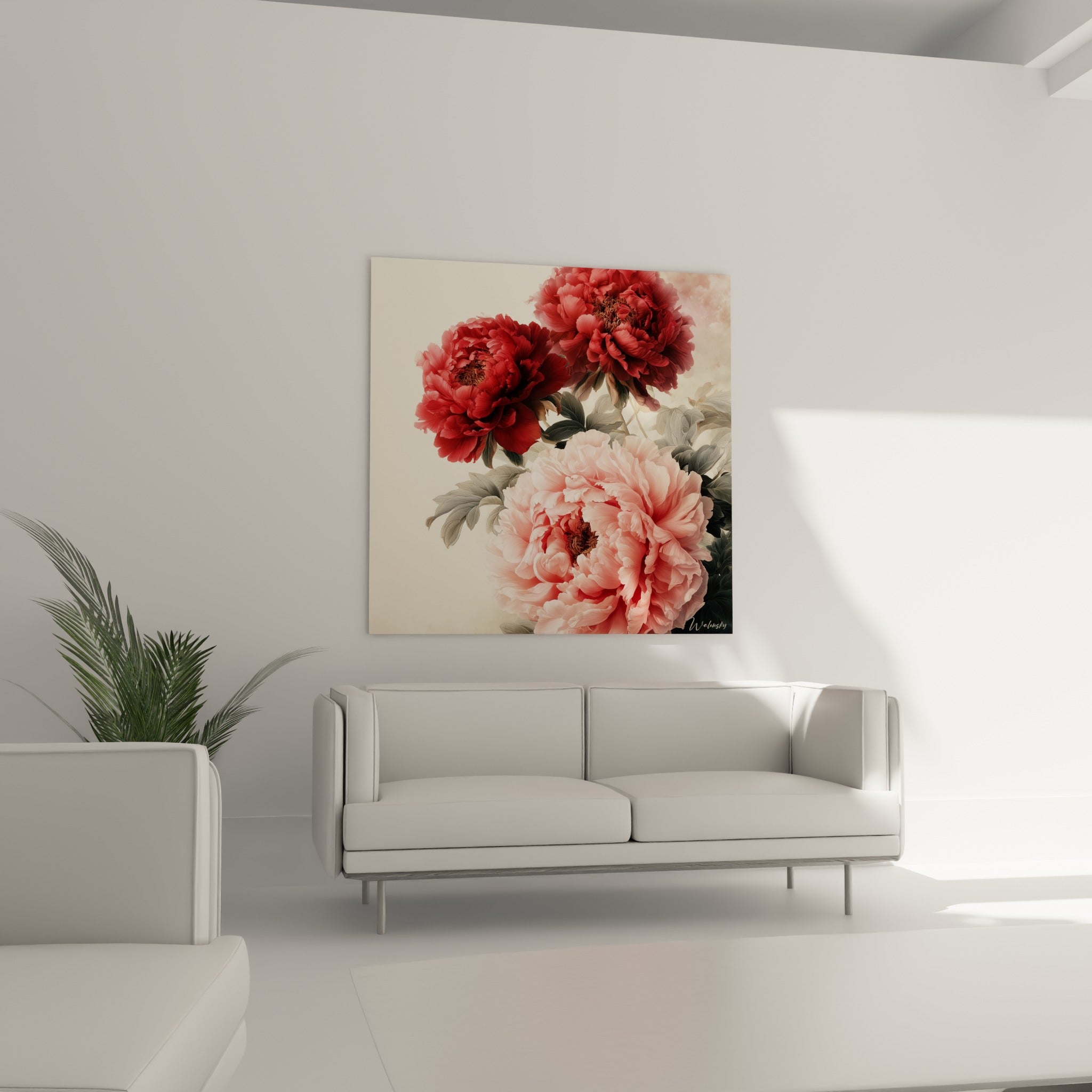 Fleurs de pivoine rose et bordeaux aux feuillages gris au-dessus d'un canapé dans un salon lumineux