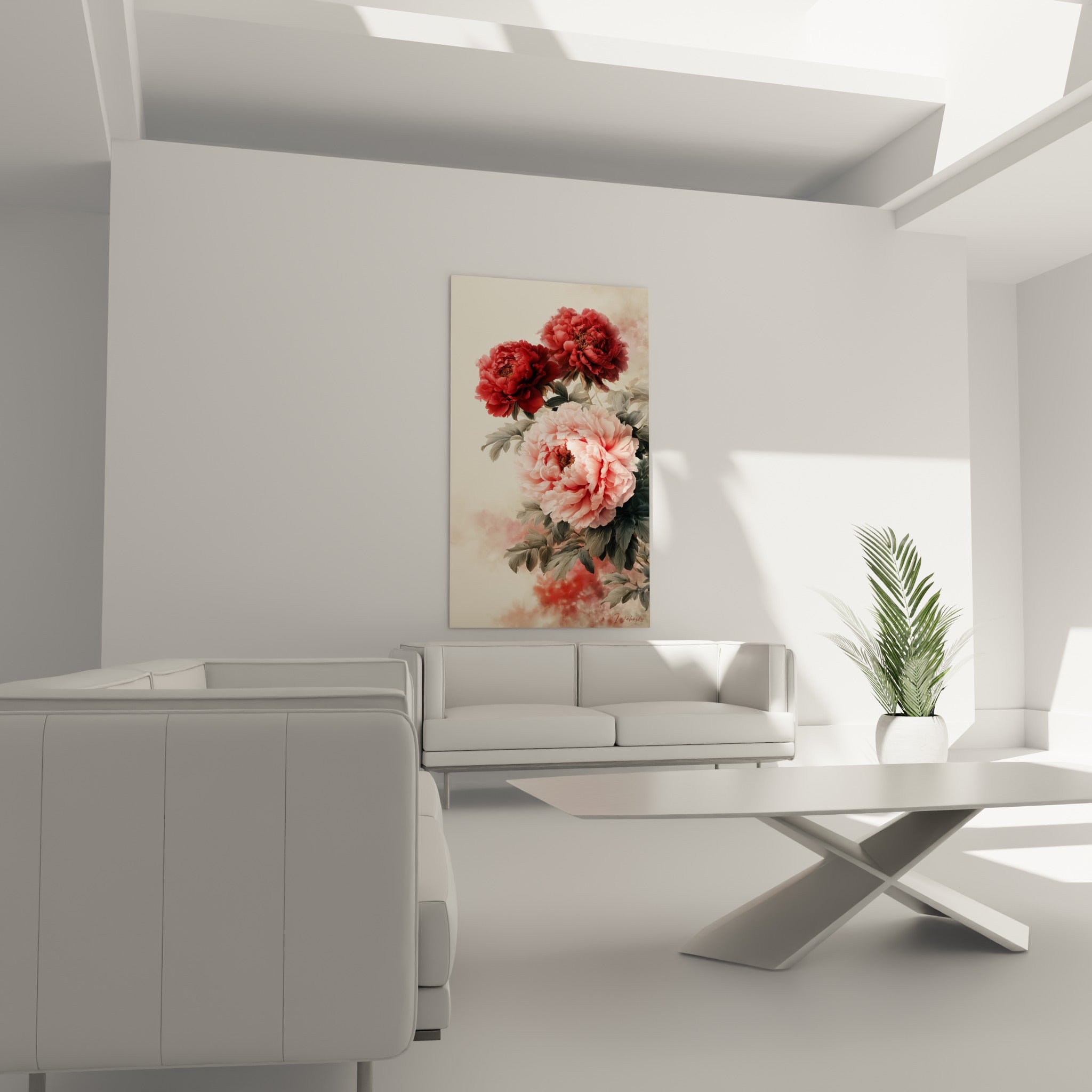 Fleurs de pivoine rose tendre et rouge profond entourées de feuillage gris-vert, au-dessus d'un canapé dans un salon lumineux