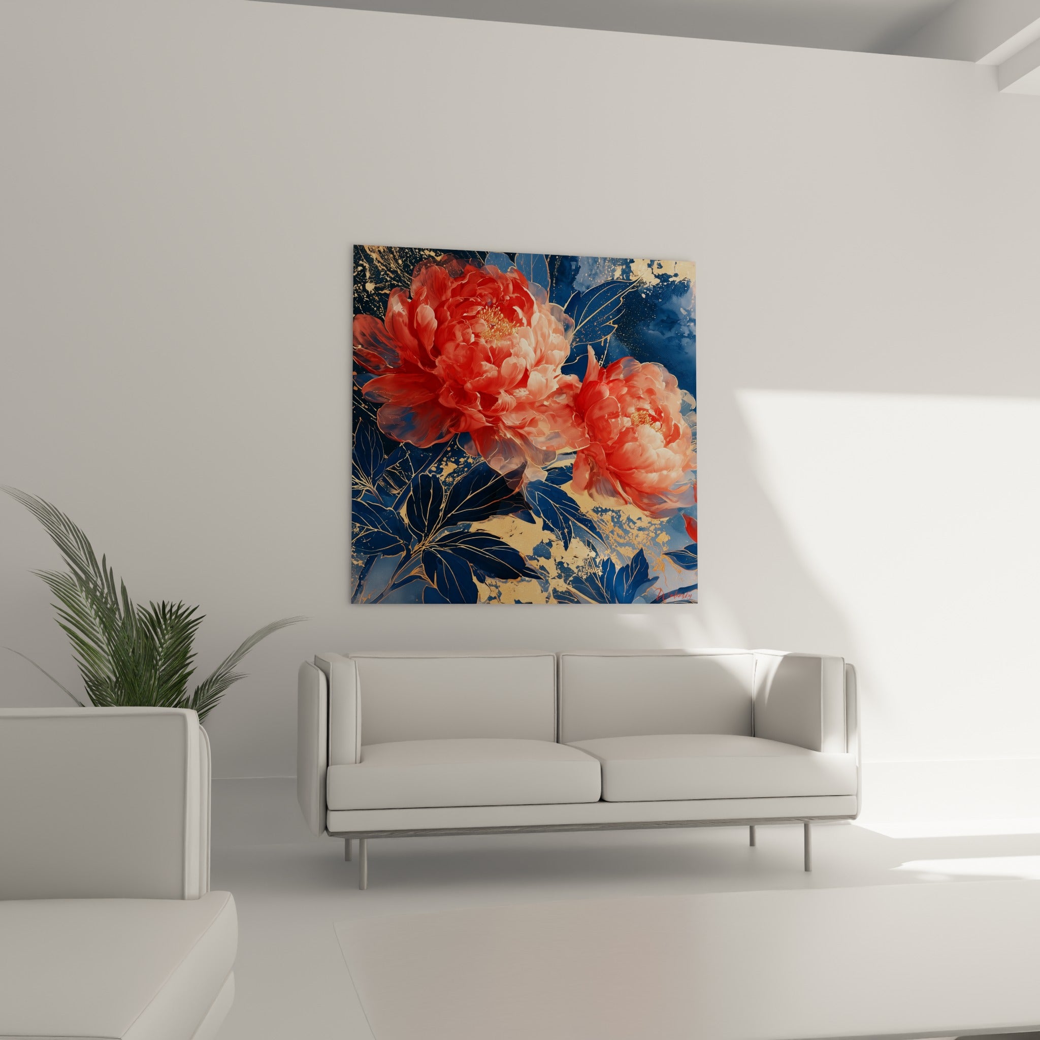 Fleurs corail entourées de feuillages bleu nuit filigranés d'or, au-dessus d'un canapé dans un salon lumineux
