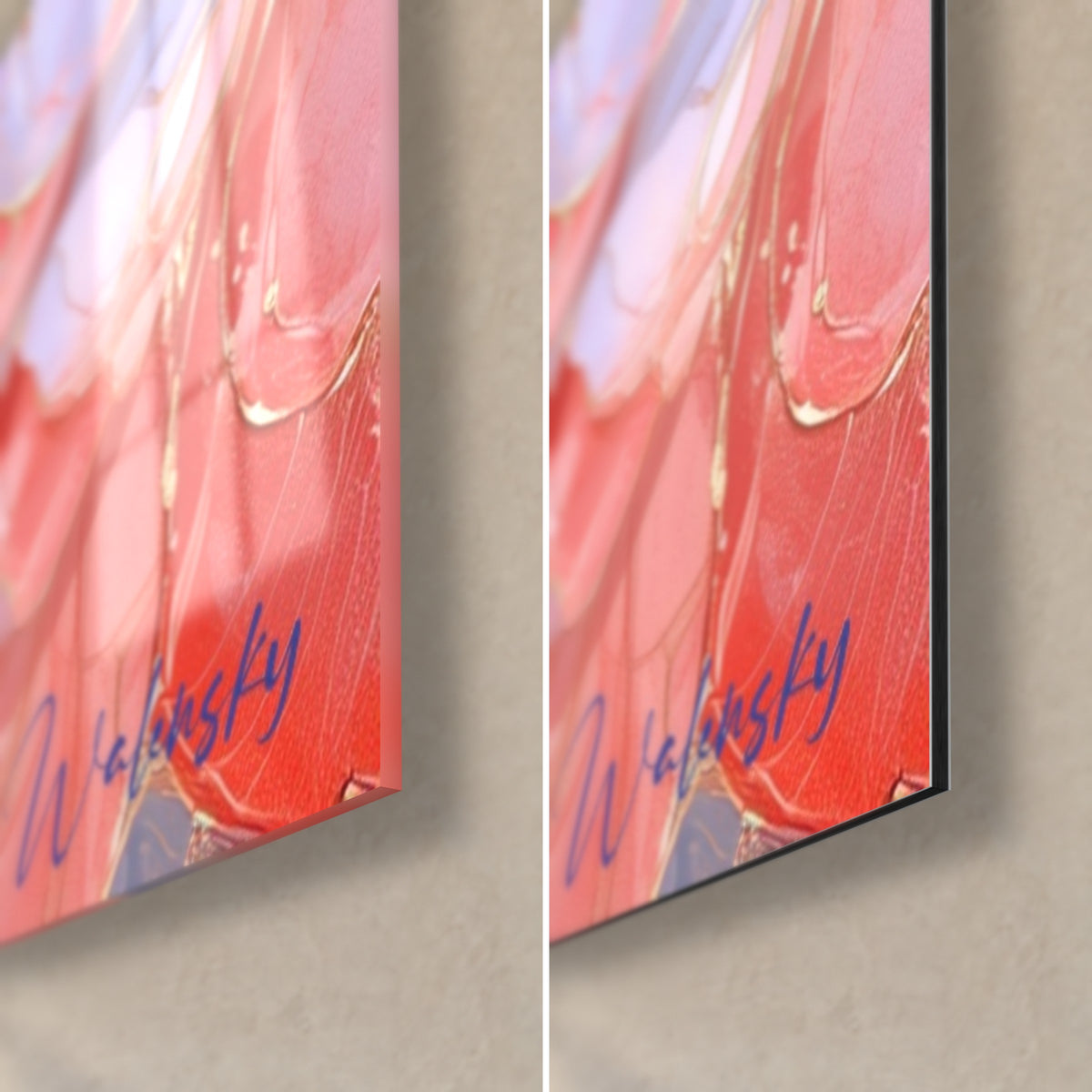 Wall art coral and lilac peony, blue Walensky signature bottom right, glossy glass on the left, matte Dibond and edge on the right