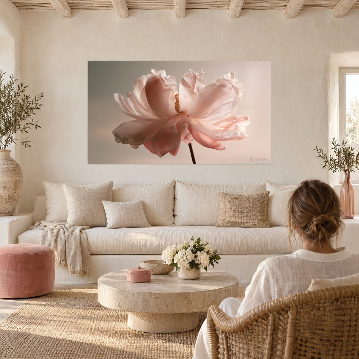 Wall art Pale pink peony with translucent petals, backlit brown stem, beige background, above a sofa in a bright living room