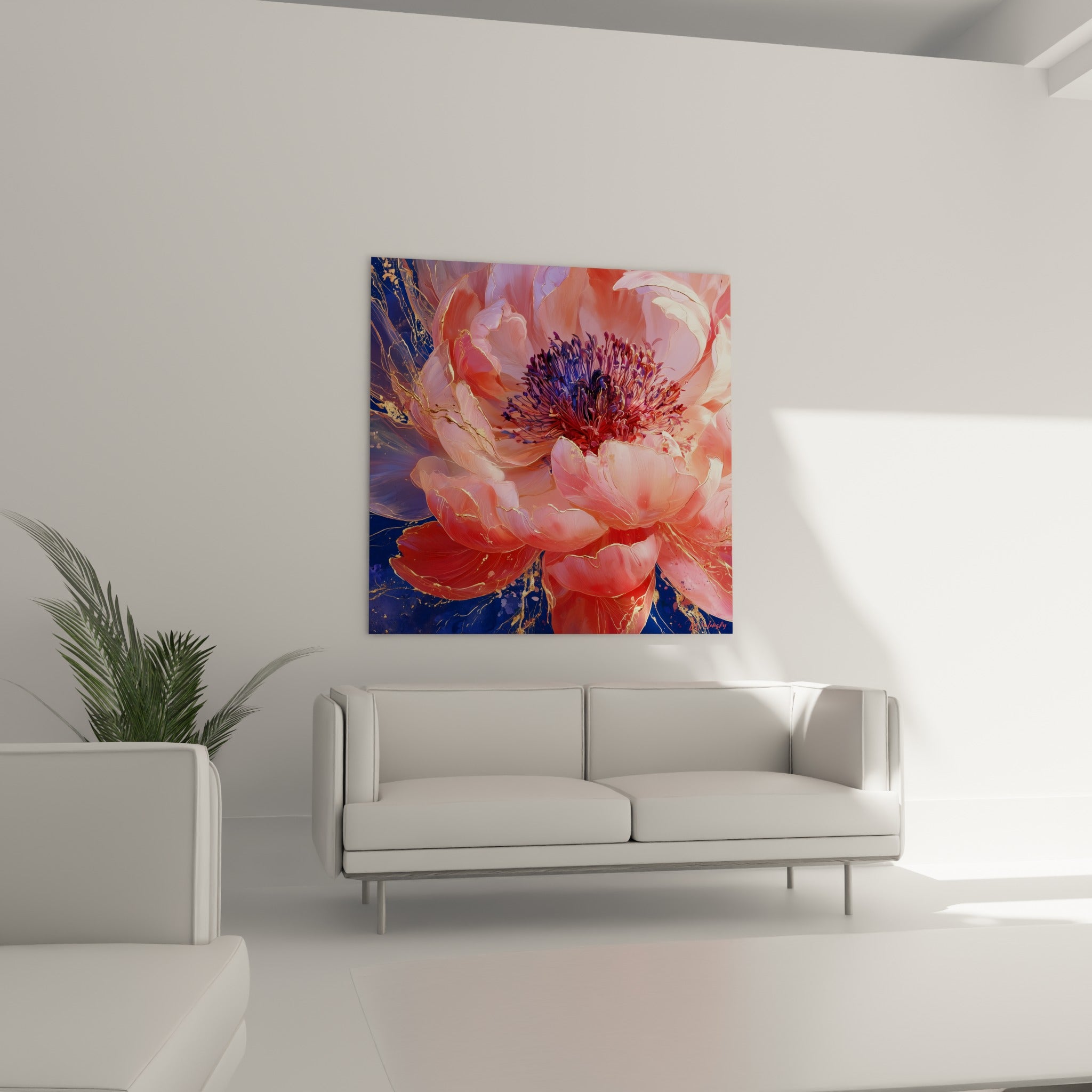 Fleur de pivoine corail et bleu marine suspendue au-dessus d'un canapé dans un salon lumineux
