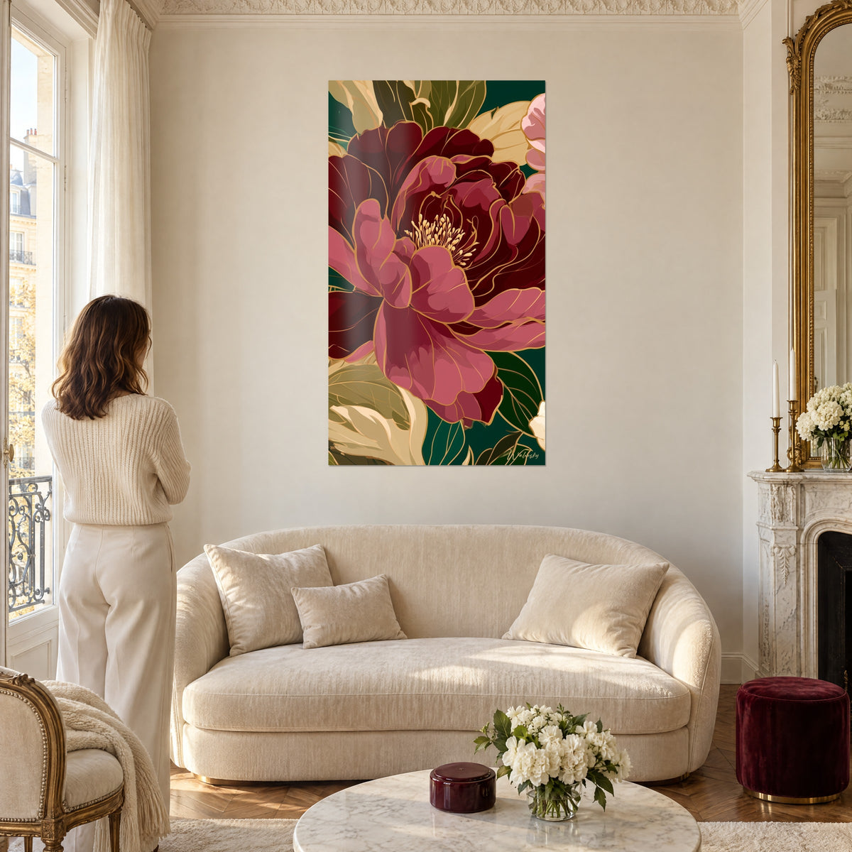 Quadro grande peonia bordeaux dai petali rosa cipria bordati d'oro, sfondo verde smeraldo, sopra un divano in un soggiorno luminoso