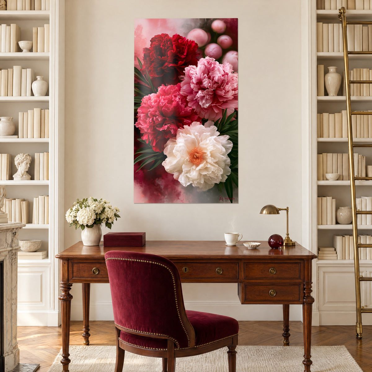 Cuadro grandes peonías carmesí, rosas y blancas sobre fondo brumoso, colgado encima de un escritorio de madera y un sillón burdeos