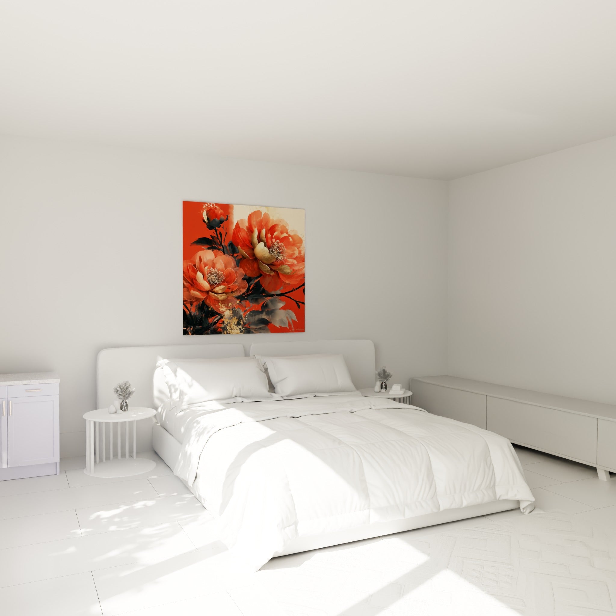 Fleurs de pivoine rouge et or déployées au-dessus d'un lit dans une chambre claire