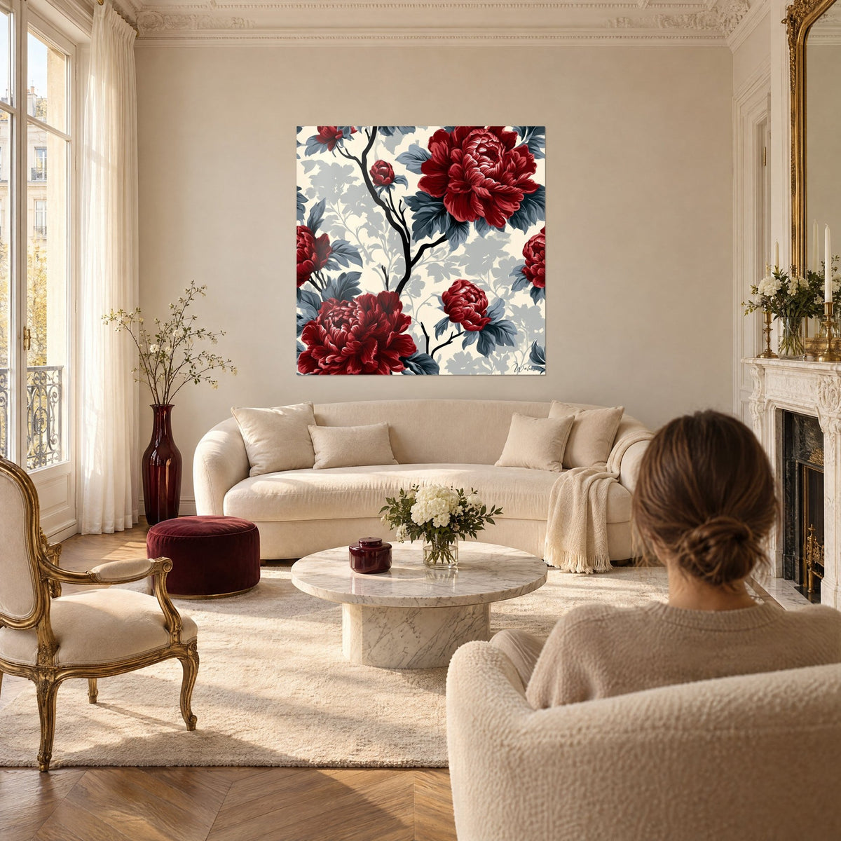 Wall art purple peonies on black branch, grey-blue foliage, ivory background, above a sofa in a bright living room