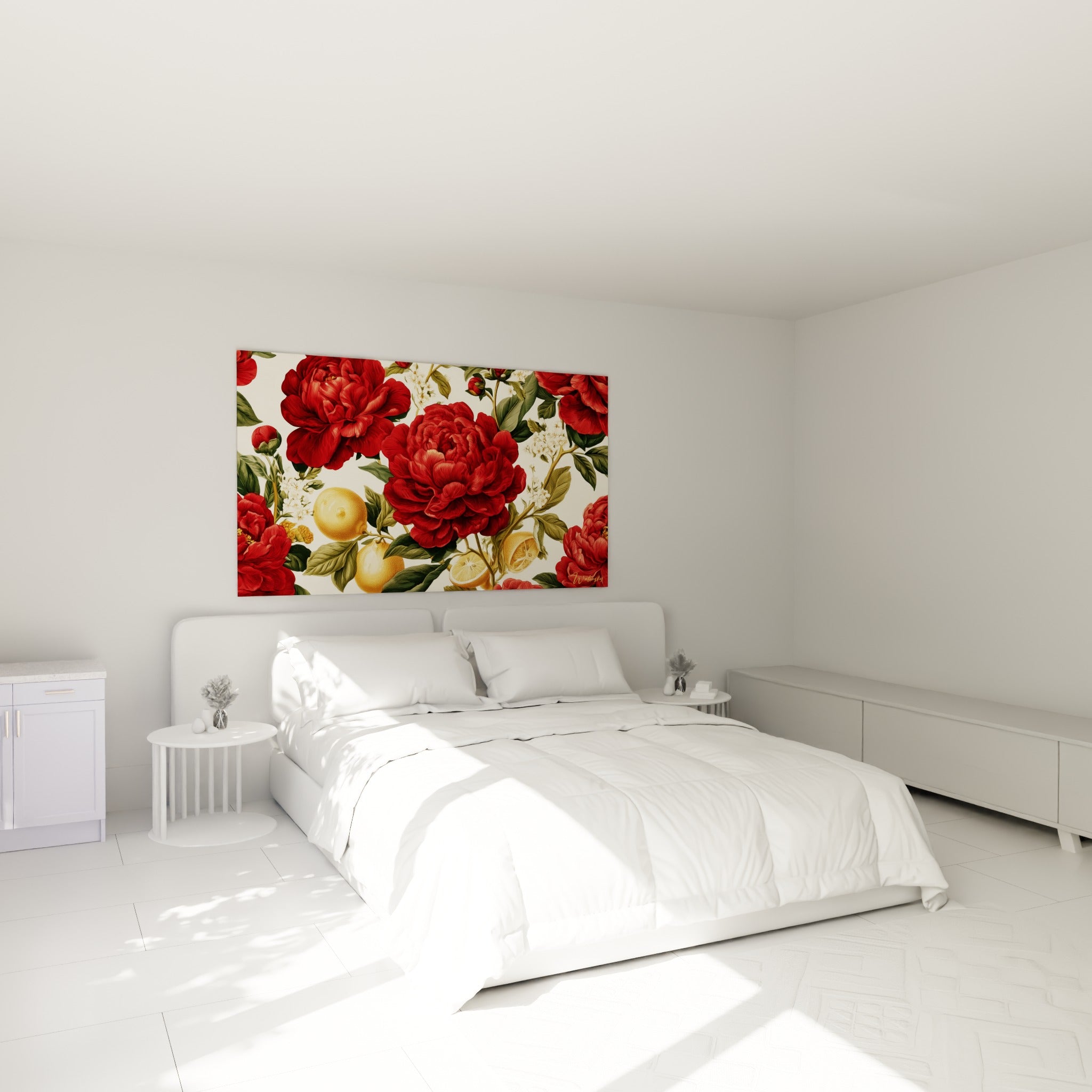 Pivoines rouges et citrons dorés peints avec finesse, accrochés au-dessus d'un lit dans une chambre claire