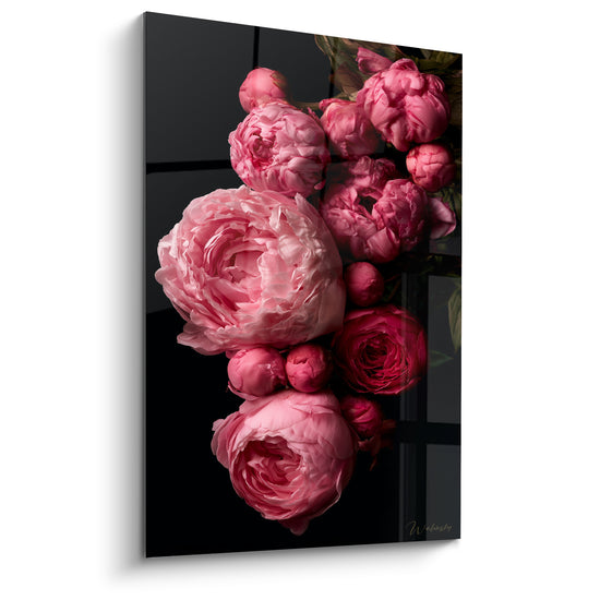 Tableau Pivoines rose et fuchsia sur fond noir reflétées - Reflet miroir sombre - Edition Pivoine