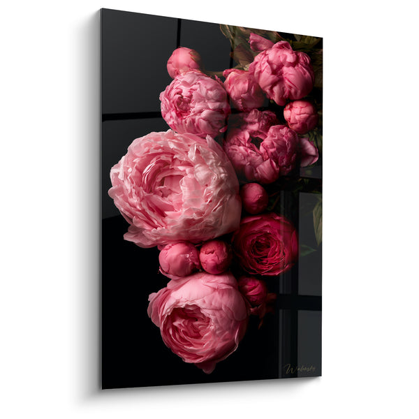 Tableau Pivoines rose et fuchsia sur fond noir reflétées - Reflet miroir sombre - Edition Pivoine