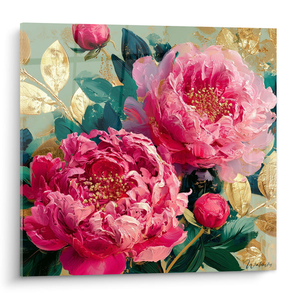 Tableau Pivoines roses aux feuilles dorées - Floraison précieuse - Edition Pivoine
