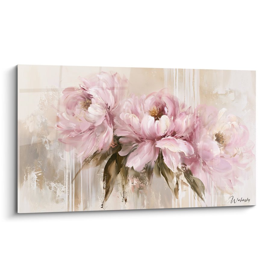 Tableau Pivoines rose pâle et beige aux coulures verticales - Fond strié beige - Edition Pivoine