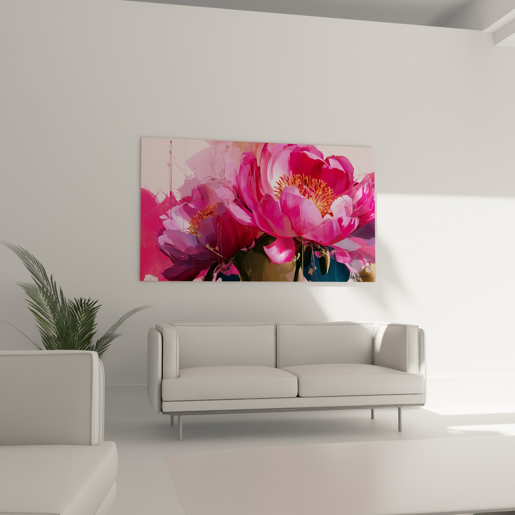 Fleurs de pivoine roses et bleu marine en arrière-plan, au-dessus d'un canapé dans un salon lumineux