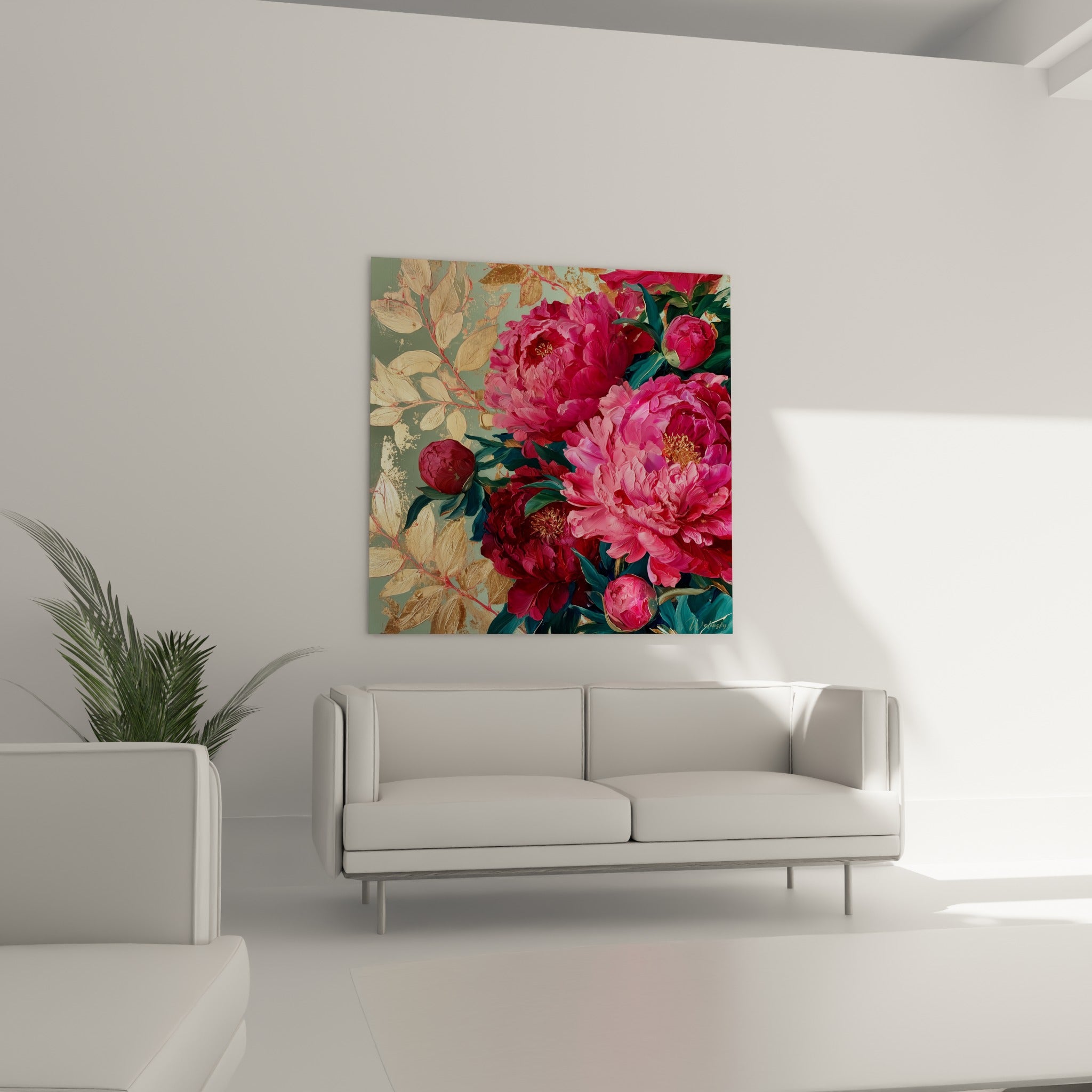 Fleurs de pivoine rose fuchsia et branches dorées installées au-dessus d'un canapé dans un salon lumineux