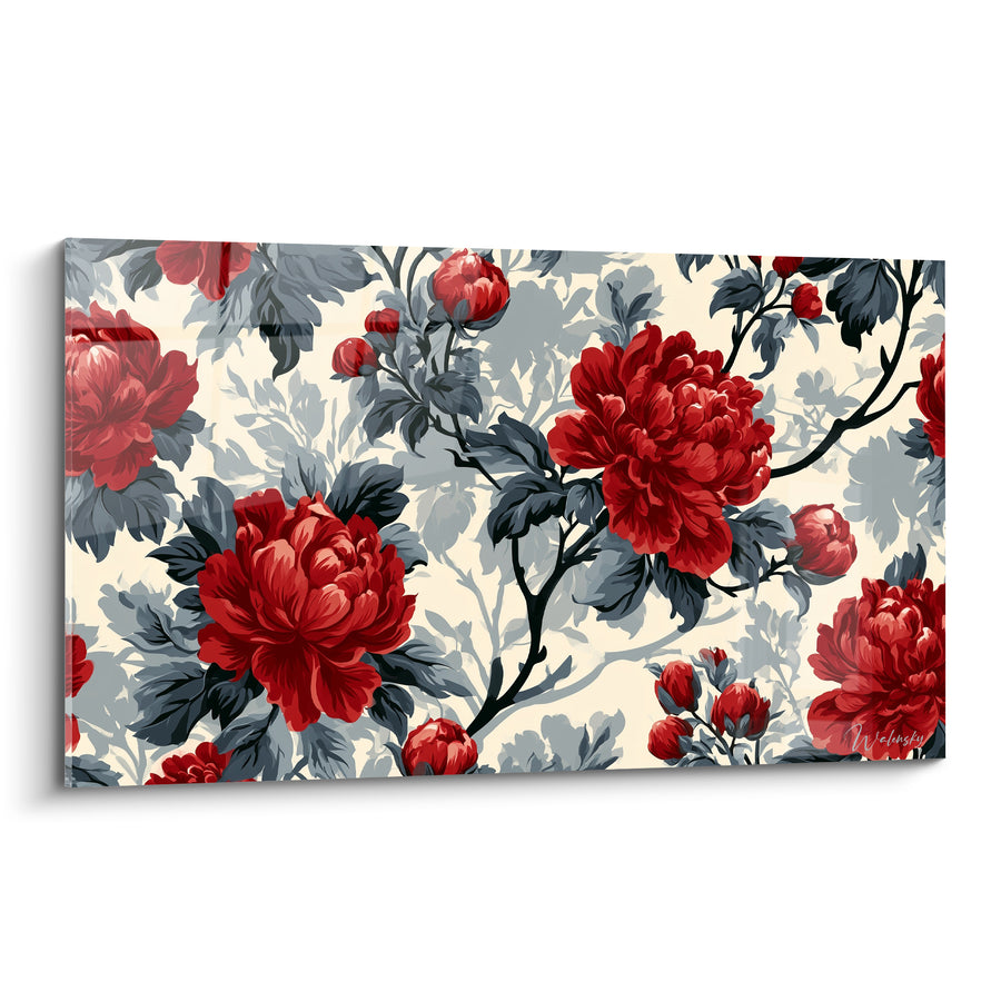 Tableau Pivoines rouges et grises aux ombres fantômes - Silhouettes végétales estompées - Edition Pivoine