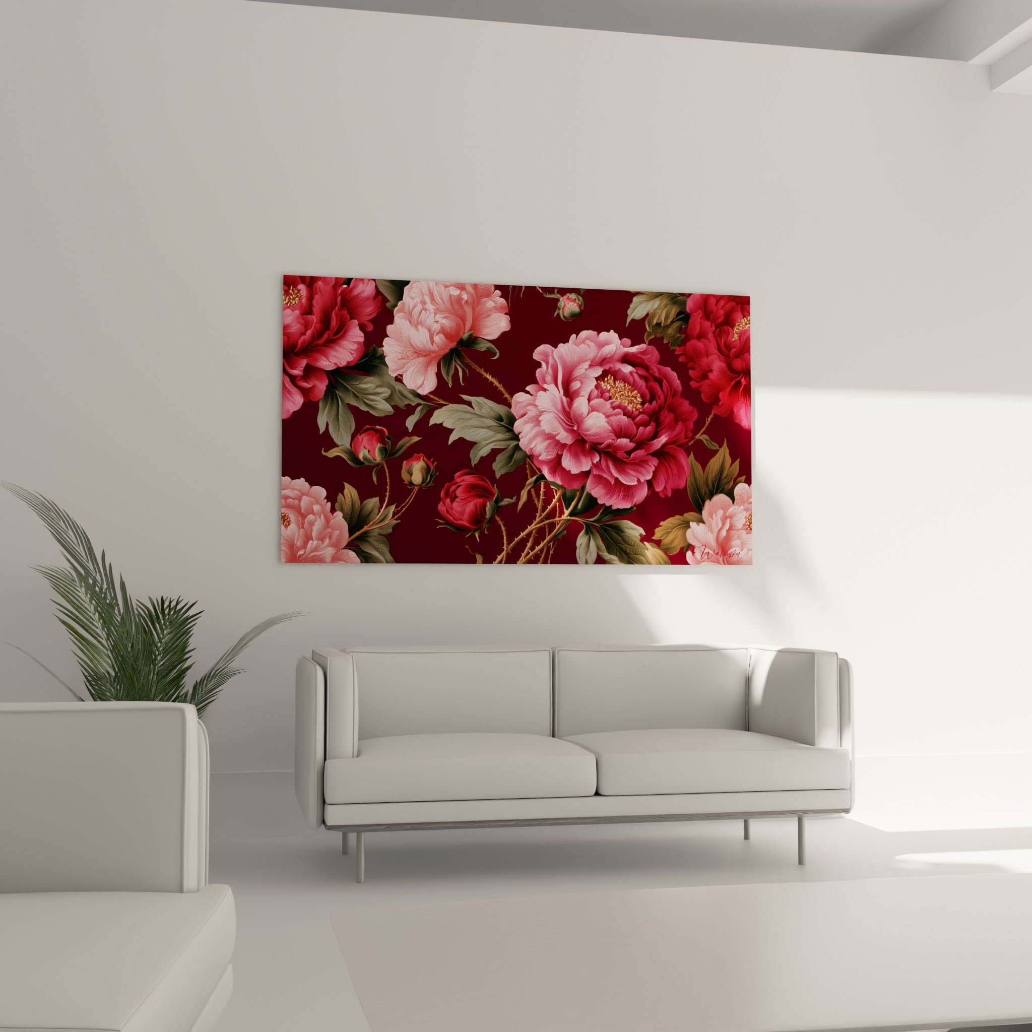 Fleurs de pivoine carmin et rose poudré positionnées au-dessus d'un canapé dans un salon lumineux