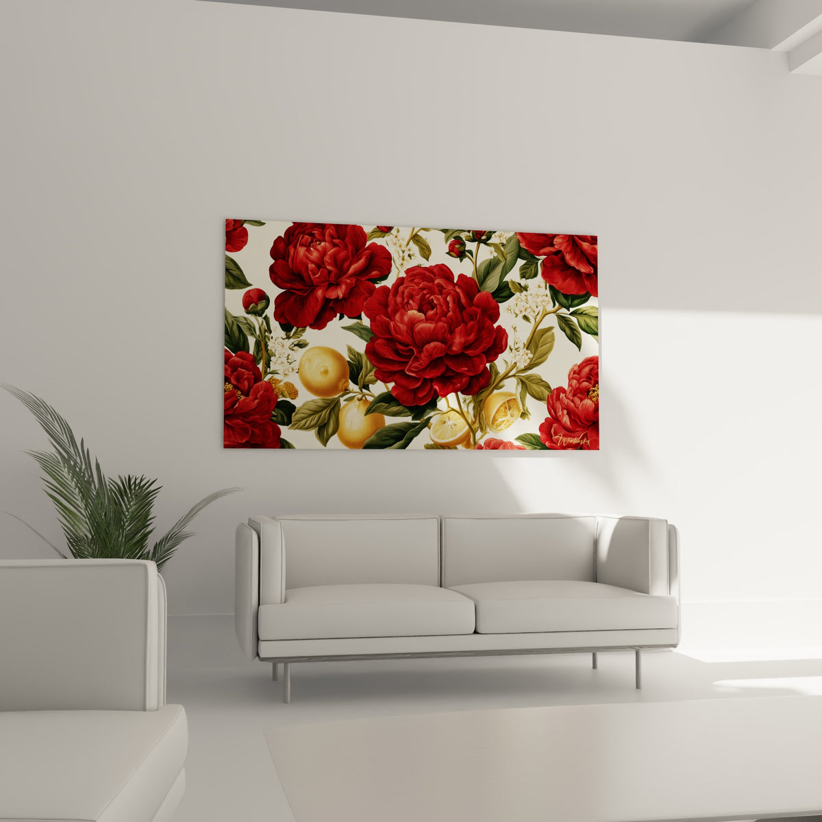 Grandes fleurs pourpres et fruits jaunes entrelacés de feuillage vert, au-dessus d'un canapé dans un salon lumineux