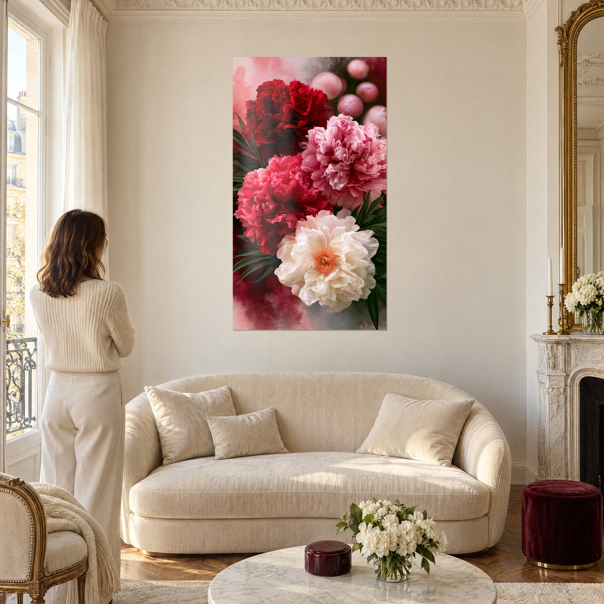 Cuadro racimo de peonías en rojo granate y rosa pálido, corazón anaranjado, mujer de espaldas, encima de un sofá en un salón luminoso