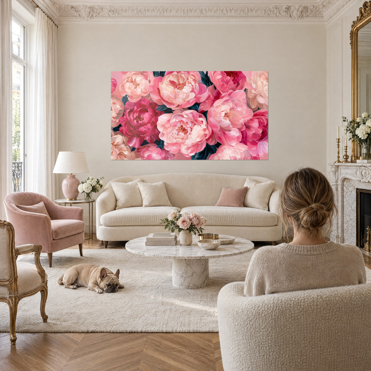 Wall art peony bouquet in pale pink and magenta with petrol blue leaves, above a sofa in a bright living room