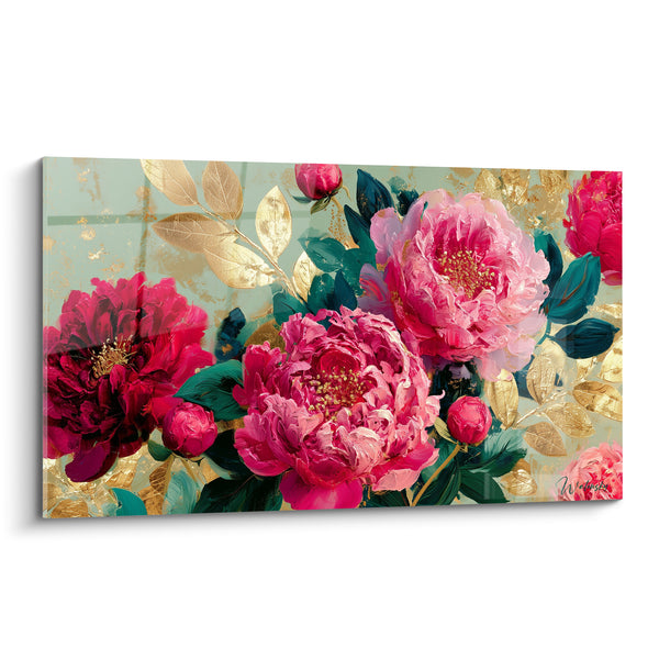 Tableau Pivoines fuchsia et rose sur fond menthe - Feuilles dorées ciselées - Edition Pivoine