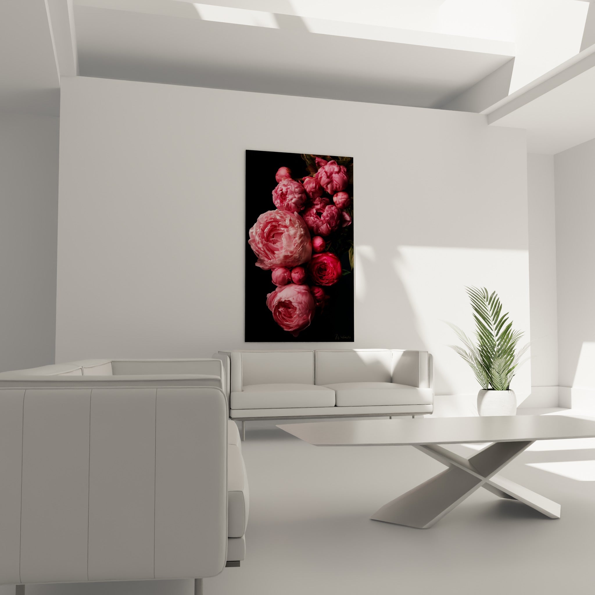 Fleurs de pivoine rose pâle et fuchsia éclatant au-dessus d'un canapé dans un salon lumineux