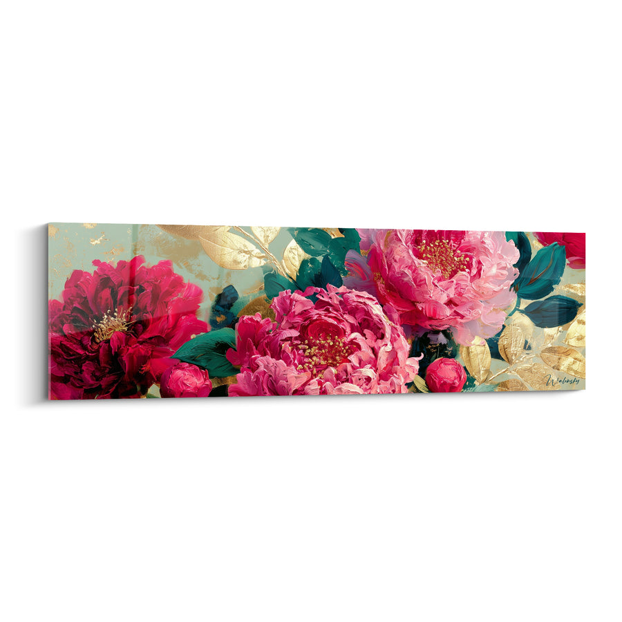 Tableau Pivoines fuchsia et rose sur fond menthe pâle - Feuilles dorées ciselées - Edition Pivoine