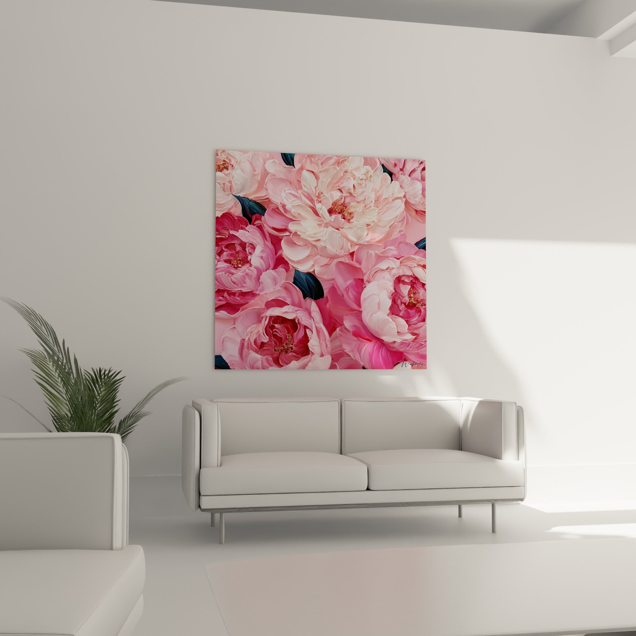 Fleurs de pivoine rose poudré et fuchsia, feuilles vert anthracite, au-dessus d'un canapé dans un salon lumineux