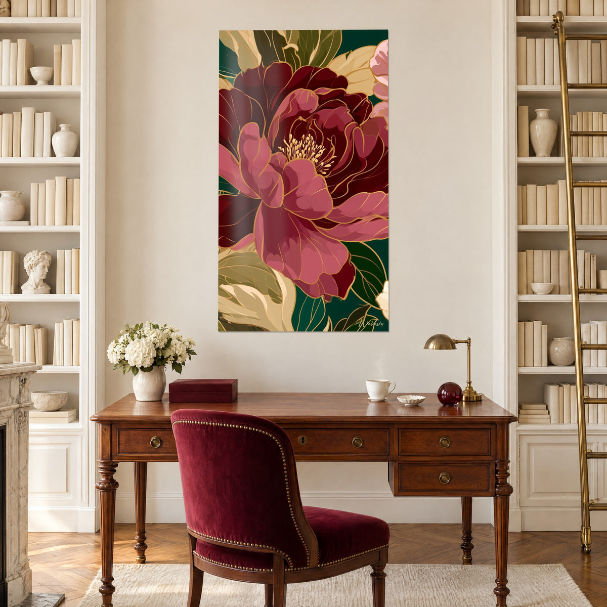 Quadro corolla porpora con stami giallo pallido, contorni dorati su verde smeraldo, scrivania in legno tra librerie bianche