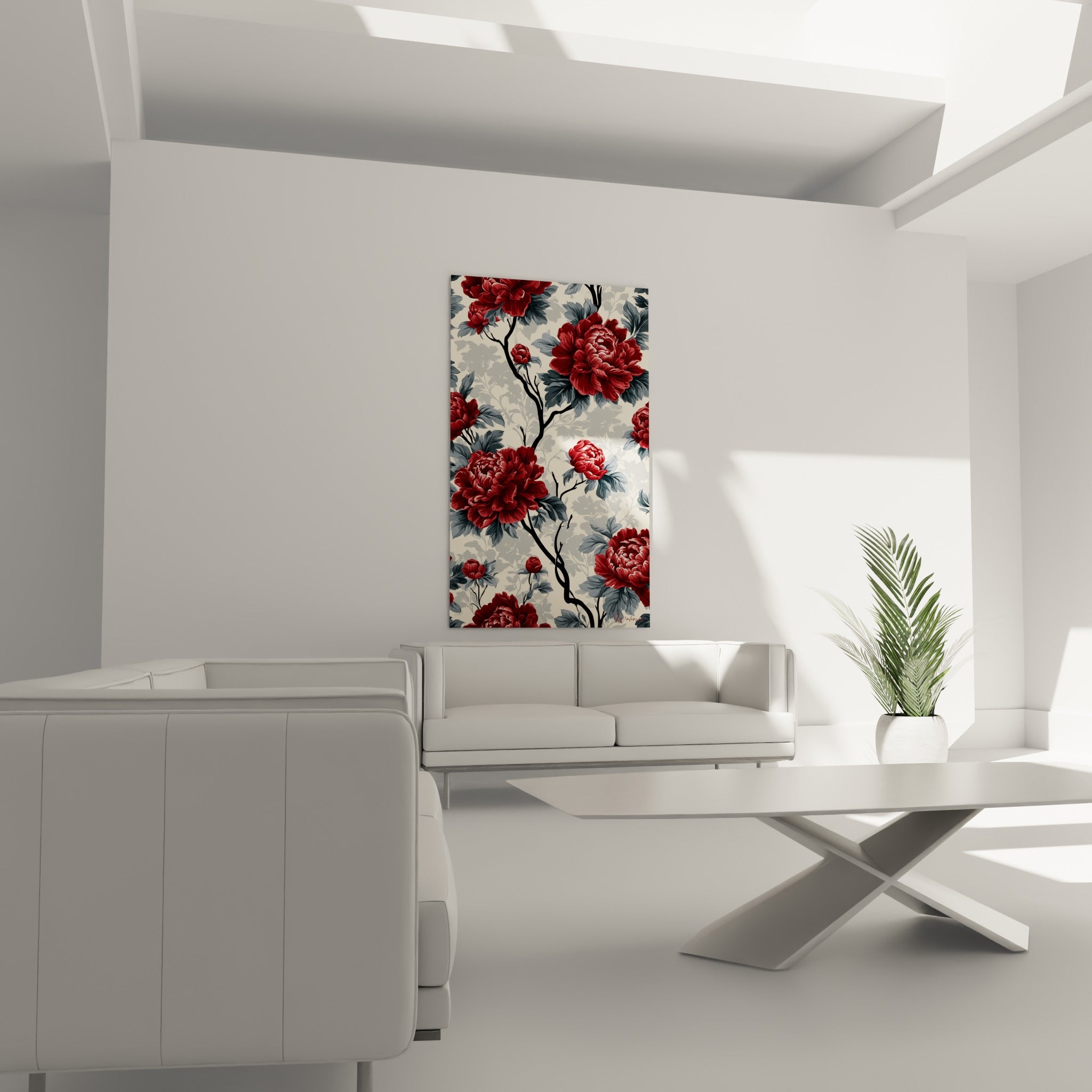 Bouquet de pivoines rouges et gris anthracite installé au-dessus d'un canapé dans un salon lumineux